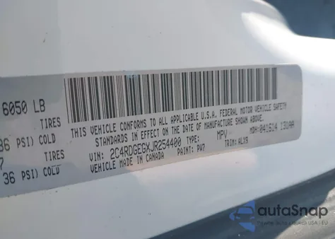 2018 Dodge Grand Caravan Gt z USA, uszkodzony, nr VIN 2C4RDGEGXJR254400